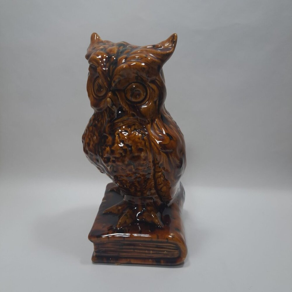 Atlantic Mold Ceramic Owl Bookend Figurine 1970s Brown Glossy Glaze Unique